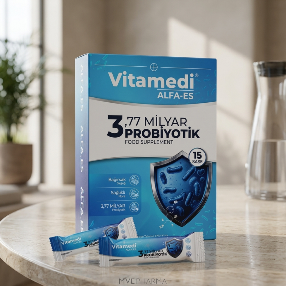 Vitamedi®  ALFA-ES 3,77 Milyar Probiyotik İçeren Saşe Takviye Edici Gıda.